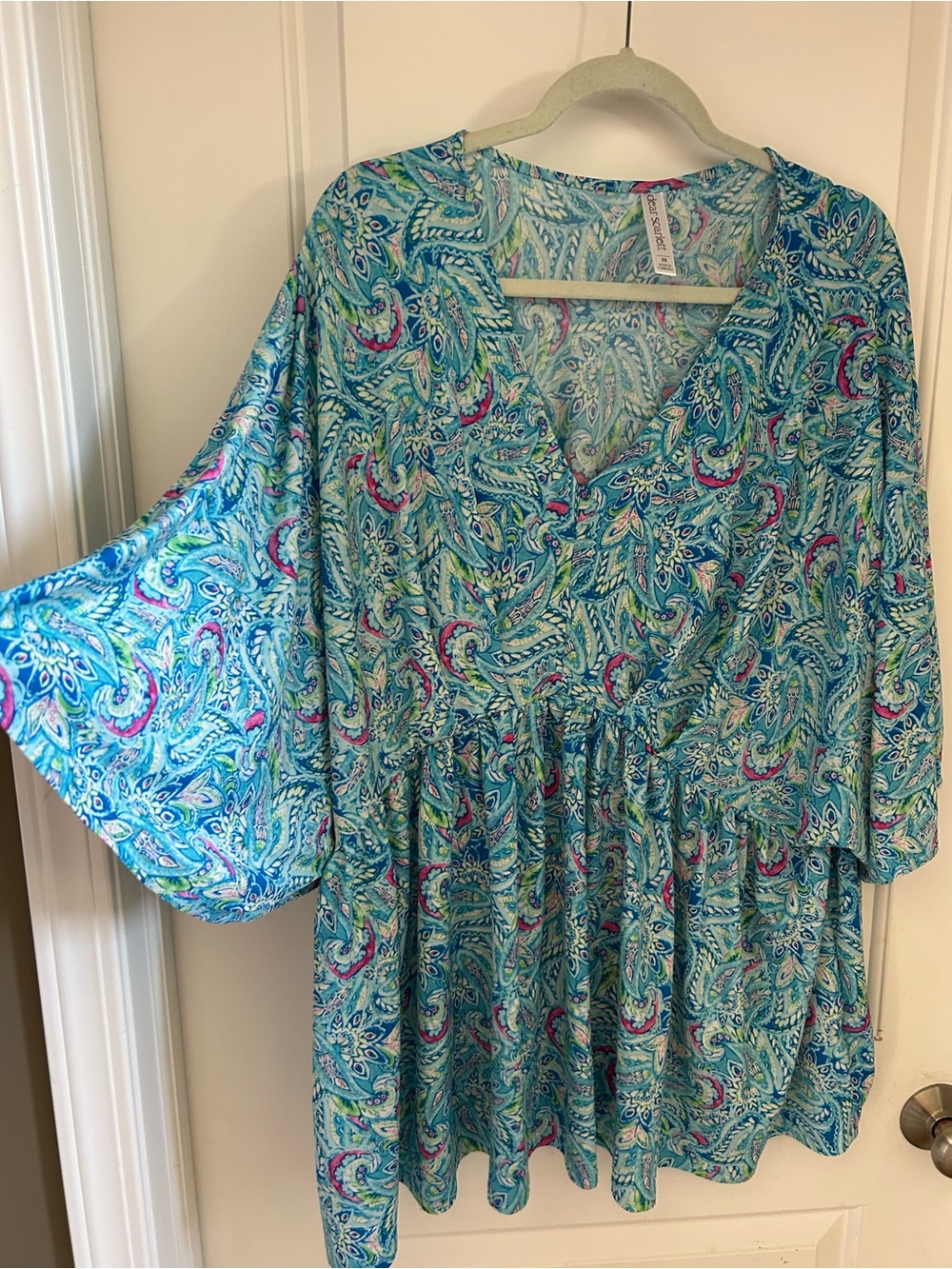 Scarlett Blue Paisley V-Neck Blouse with Pink & Green Accents - Picture 1 of 2